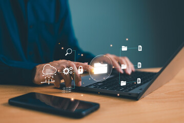 DMS concept, Document Management System. Online software process store, data organize workflow, file folder track and manage digital document. Centralized repository for efficient database storage