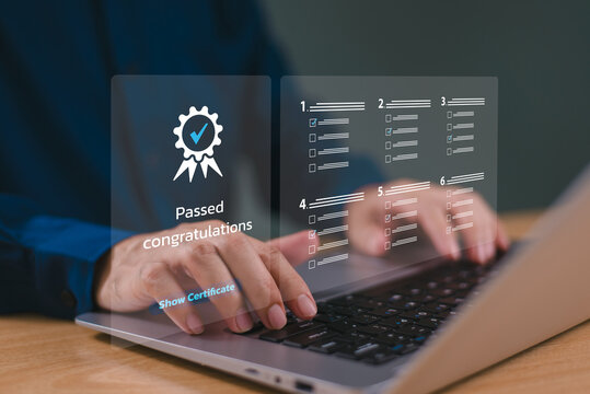 Certificate online training concept. Businessman use computer take assessment for business certificate. Standard questionnaire study, evaluation test, web online survey exam. Digital audit marketing