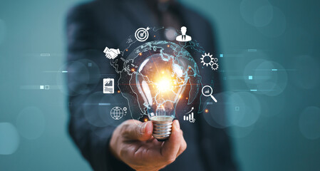 Market communication solution technology concept. Digital maketing idea, modern business company. Man show light bulb, global internet connection application. Financial banking, link tech big data.