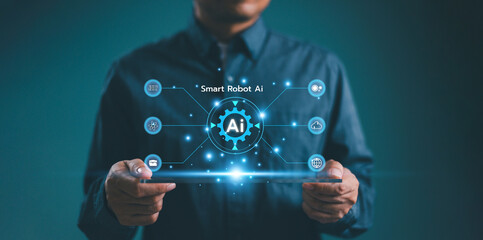 Ai, artificial intelligence tech for help business concept. Smart robot automation technology service assistant. Developer use big data learning tool to genrate innovative futuristic global network .