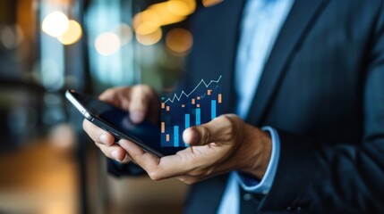 A dynamic line graph showing fluctuating trends on a smartphone screen, held by a businessperson.