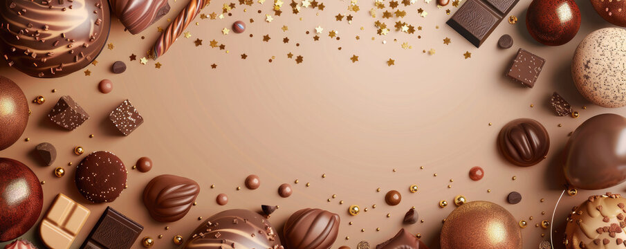World Chocolate Day banner with chocolate bars, truffles, and dipped strawberries with a background in deep browns, golds, and creamy whites with confetti, balloons, and sparkles for a fun celebration