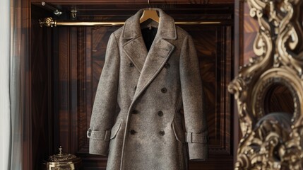 A luxurious cashmere coat displayed on a gold hanger in an opulent closet.