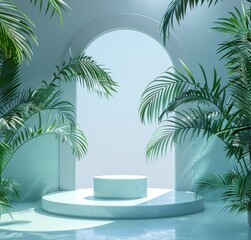 Obraz premium Elegant podium with a curved shape surrounded by lush green plants and a serene blue background