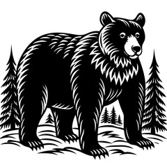 illustration of a bear,animal, vector, tiger, head,The bear is standing stoically, illustration, wild, tattoo, black, mammal, wolf, 