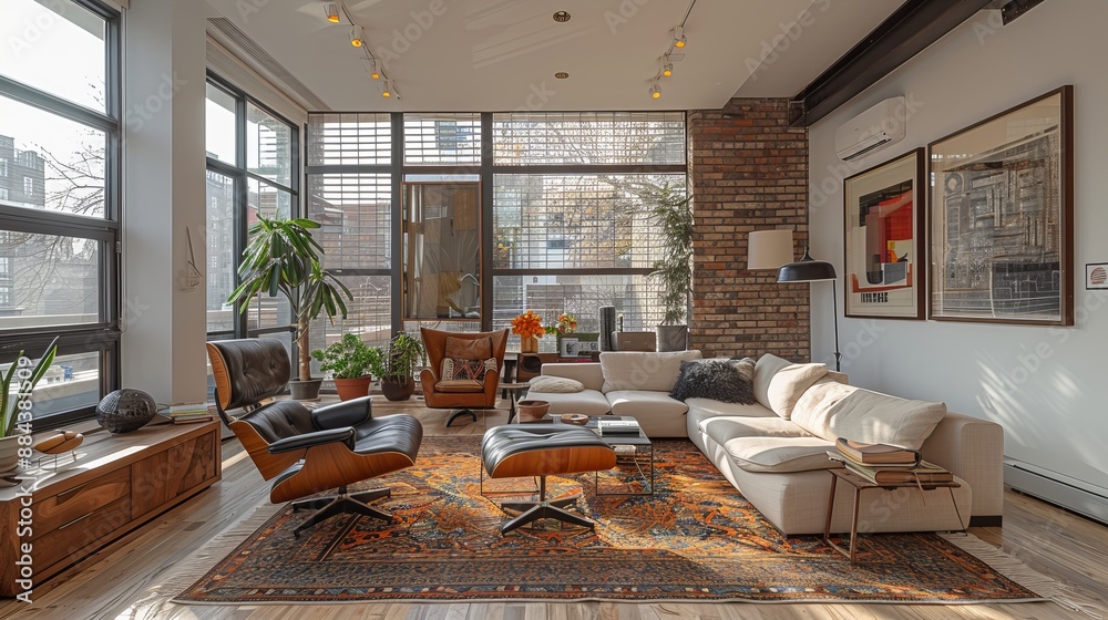 Wall mural A chic and stylish loft featuring large windows letting in ample natural light, eclectic furniture pieces, and an exposed brick wall, creating a modern urban living space.