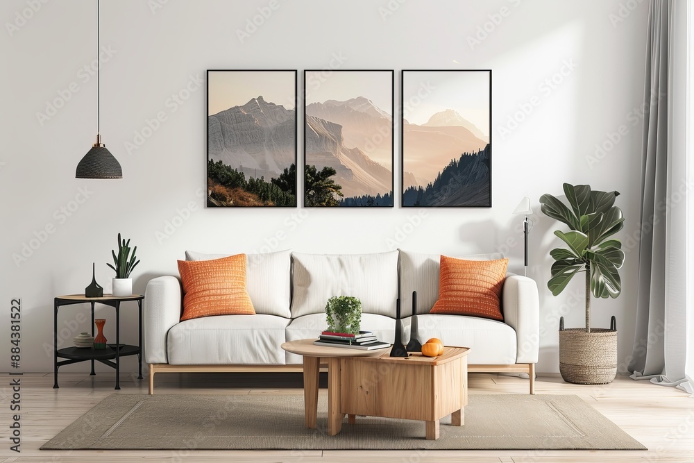 Canvas Prints A bright minimalist living room featuring a white sofa paired with orange cushions, wooden coffee table, mountain triptych wall art, and natural lighting providing a soothing ambiance.