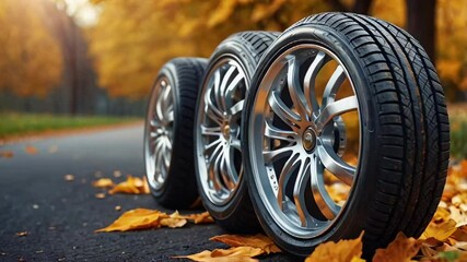 new car wheels autumn leaves on nature
