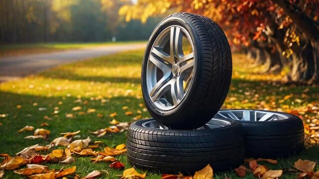 new car wheels autumn leaves on nature