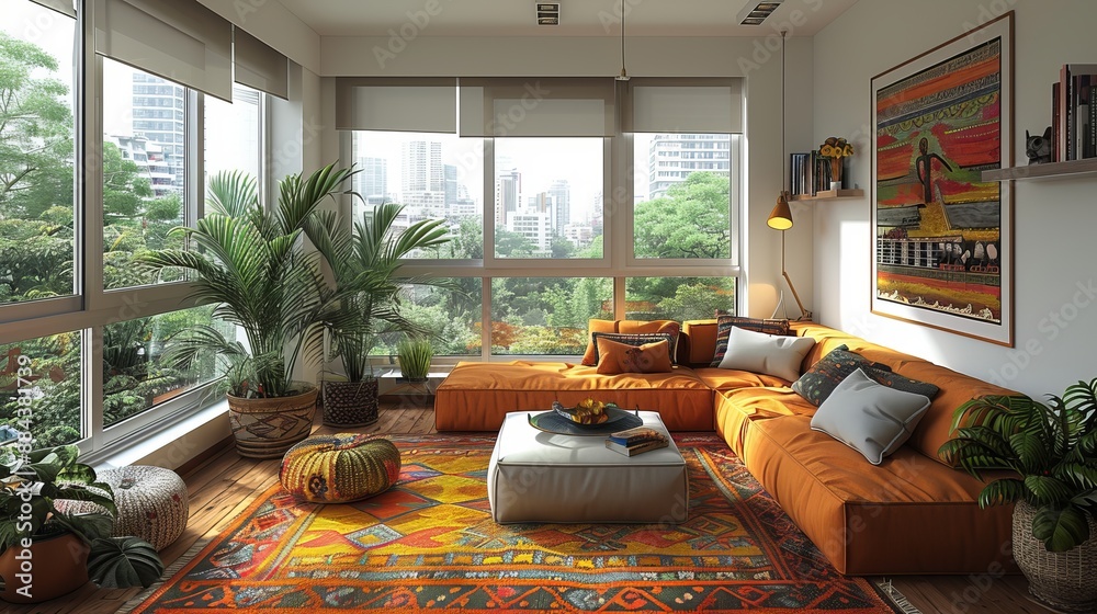 Poster A vivid living room with an orange sofa, large indoor plants, a colorful rug, and big windows offering a view of the cityscape, flooded with natural light.