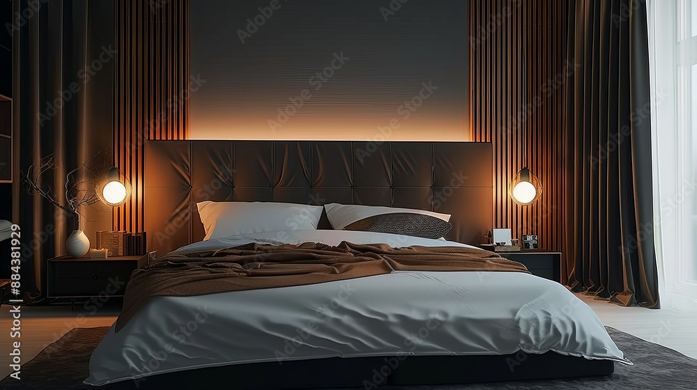 Wall mural A sleek, modern bedroom featuring dark tones and warm lighting, designed to create a cozy, sophisticated atmosphere perfect for relaxation and comfort.