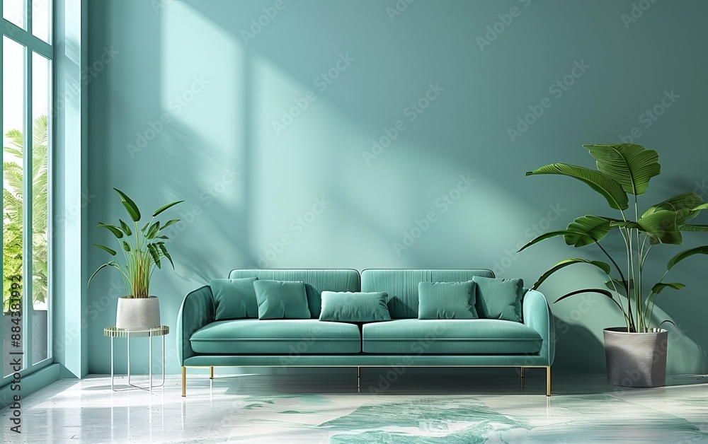 Canvas Prints This serene modern living room features a stylish teal couch, large plants, and ample natural light streaming through a big window, creating a tranquil atmosphere.