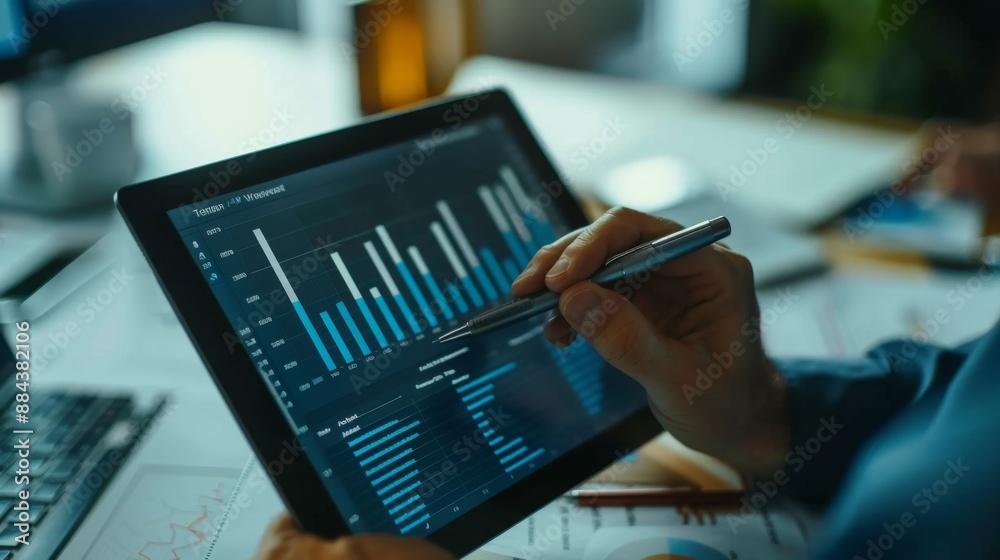 Poster A financial advisor discussing investment strategies using a bar graph chart on a tablet.