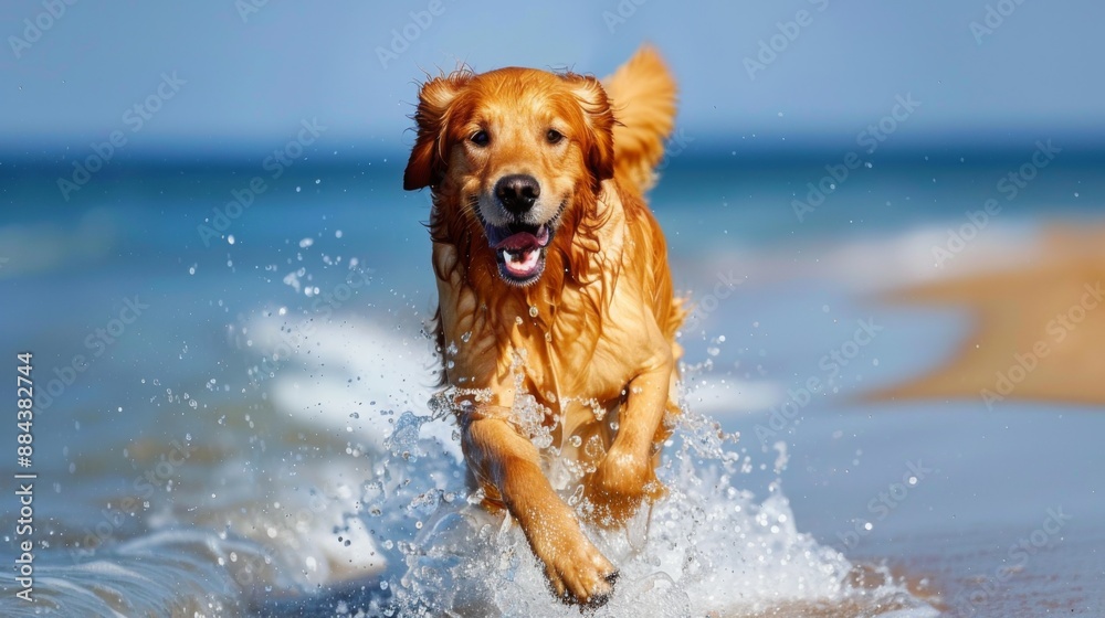 Poster a golden retriever running through shallow water at the beach, enjoying a splash.
