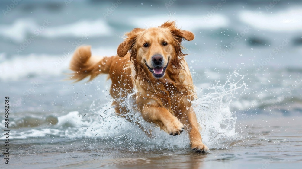 Poster a golden retriever running through shallow water at the beach, enjoying a splash.