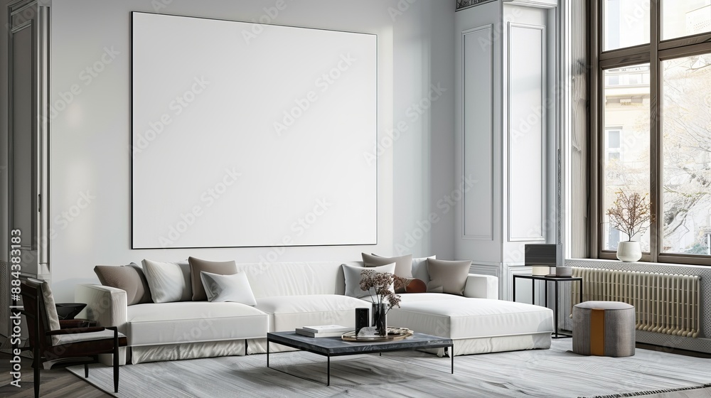 Poster A spacious, modern living room with a white corner sofa, minimalist decor, and a large blank canvas on the wall, accented by neutral tones.