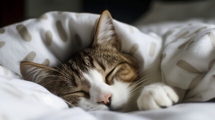 cat sleeping peacefully on a cozy bed