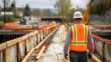 Fototapeta premium A construction worker wearing a safety vest walks across a bridge. The scene is set in a construction zone, with orange and yellow caution tape marking off the area. The worker is focused on his task