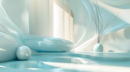 A white room with a blue color theme. There is a vase with a plant in it and a white couch