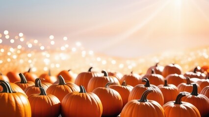Fototapeta premium Abstract flowing waves with pumpkins on white background with beautiful bokeh and with copy space