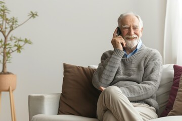 Smiling grandfather calls by smartphone, while  sitting on the sofa. AI generative