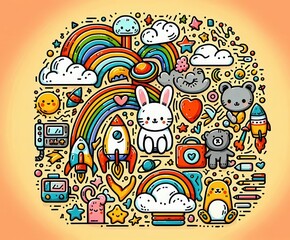 Fototapeta premium A round whimsical doodle with a rabbit in the center and surrounded by other cute characters and objects, including a rainbow, stars, clouds, rockets, and a bear.