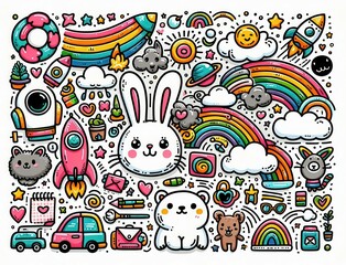 A whimsical doodle with a rabbit in the center and surrounded by other cute characters and objects, including a rainbow, stars, clouds, rockets, and a bear.