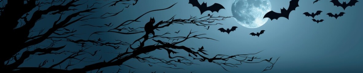 Naklejka premium A moonlit night with bats flying around a tree.