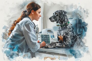 Watercolor style, vet using ultrasound on a dog, veterinary care, advanced medical equipment