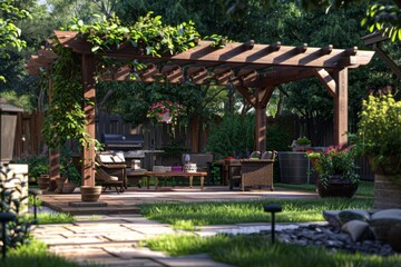 Fototapeta premium Escape to a tranquil retreat in your own backyard, complete with a charming pergola and inviting seating areas. Perfect for relaxation and entertainment.