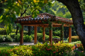 A tranquil pergola surrounded by lush greenery, perfect for hosting outdoor events and social gatherings. The beautiful flowers and vines add a touch of elegance to the setting.