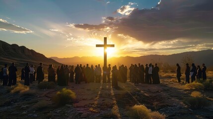 Solemn Outdoor Service with Mountain Range
