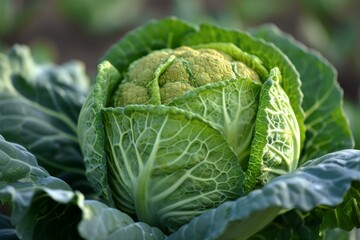 Fototapeta premium Close-up of fresh organic savoy cabbage. A healthy and wholesome leafy green vegetable. With crisp and textured leaves. Perfect for cooking and adding dietary fiber and vitamins to your wholesome diet