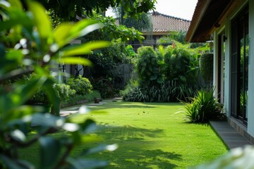Obraz premium A serene retreat in a private home, featuring a beautifully landscaped garden with a manicured lawn.