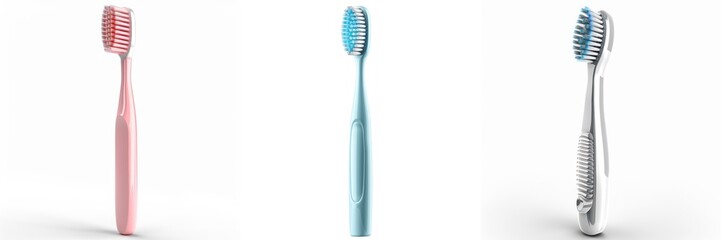 Set of three toothbrushes in different colors: pink, blue, and silver. Perfect for dental care and hygiene routines.