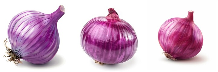 Three fresh purple onions with different textures and sizes, isolated on a white background, perfect for culinary and vegetable-themed projects.