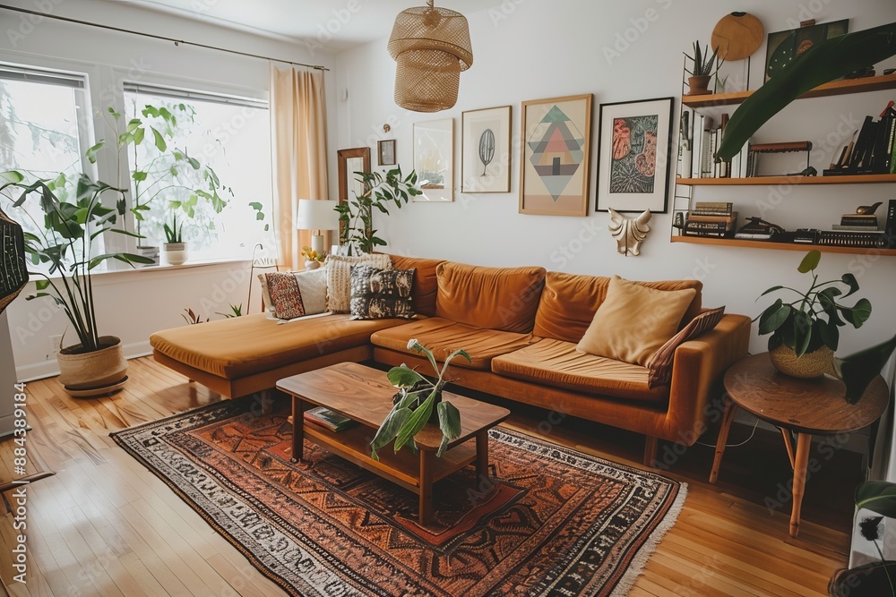 Wall mural a cozy and eclectic living room featuring an orange sectional sofa, various plants, artwork on the w