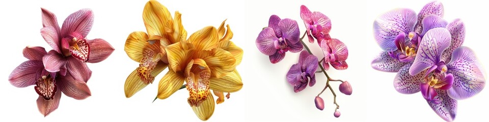 A collection of colorful orchid flowers in various shades including pink, yellow, and purple isolated on a white background.