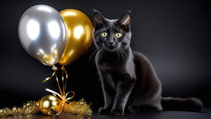  Cat with gold foil balloons and golden stars. Kitten on a Christmas festive black background. 