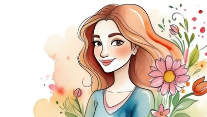 Cartoon Woman with flowers. Happy International Women's Day, Mother's day, birthday card 