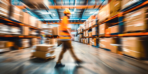 Blurred image of warehouse employees in action, moving shipment boxes efficiently