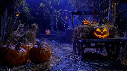 Haunted Hayride Adventure, Spooky Nighttime Attraction, Eerie Scenes in Rural Setting, Halloween Thrills for Families, Creepy Farm Tour