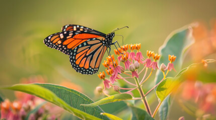 Naklejka premium A monarch butterfly on a milkweed plant, illustrating the relationship between species