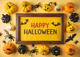 Happy halloween card in flat lay style. Halloween frame with party decorations of pumpkins, bats, scary ghosts, candy, spiders on background.