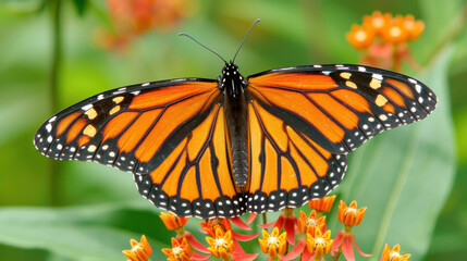 Obraz premium A monarch butterfly on a milkweed plant, illustrating the relationship between species