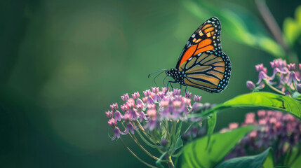 Naklejka premium A monarch butterfly on a milkweed plant, illustrating the relationship between species
