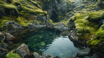 Fototapeta premium A hidden hot spring in the Icelandic wilderness, surrounded by moss-covered rocks