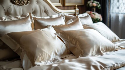 A luxurious set of silk bedsheets neatly arranged on a king-sized bed.