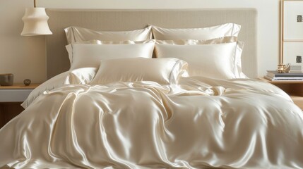 A luxurious set of silk bedsheets neatly arranged on a king-sized bed.