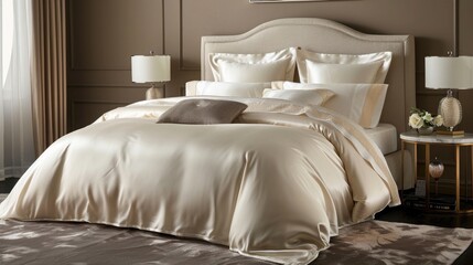 A luxurious set of silk bedsheets neatly arranged on a king-sized bed.